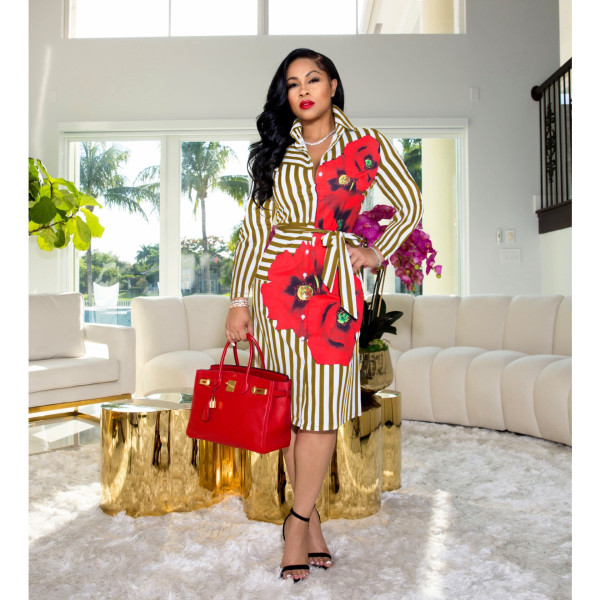 Fashion sexy V-neck stripe print single-breasted dress with waist rope WY6849