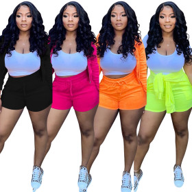 Casual solid color women's long-sleeved jacket, vest, strappy shorts, three-piece suit C5239
