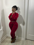 Fashionable solid color cardigan jacket with pockets waist pants suit suit WY6871