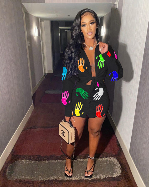 Women's casual printed shirt button skirt skirt suit two-piece suit M2105