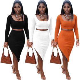 New thread pit strip square neck sexy tight-fitting split bag hip long-sleeved two-piece suit Y81344