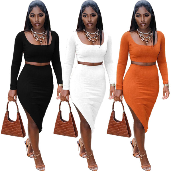 New thread pit strip square neck sexy tight-fitting split bag hip long-sleeved two-piece suit Y81344