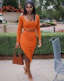 New thread pit strip square neck sexy tight-fitting split bag hip long-sleeved two-piece suit Y81344