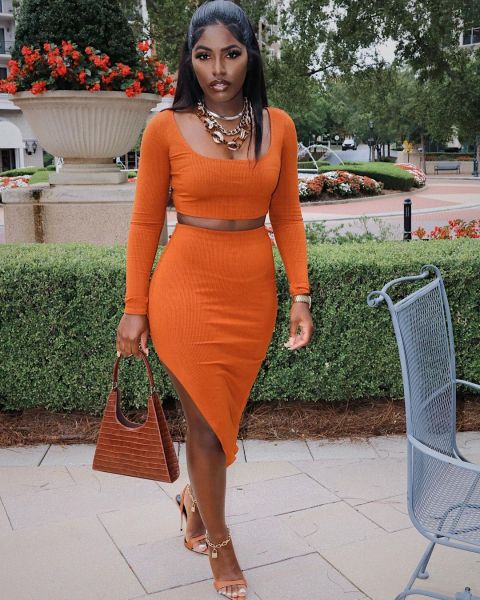 New thread pit strip square neck sexy tight-fitting split bag hip long-sleeved two-piece suit Y81344