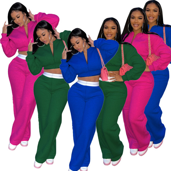 New thick sweater plus velvet sexy loose zipper wide leg pants two-piece suit Y81346
