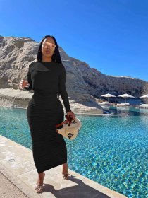 Fashion solid color long sleeve round neck pullover skirt suit WY6850