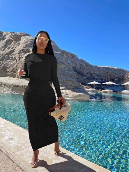 Fashion solid color long sleeve round neck pullover skirt suit WY6850