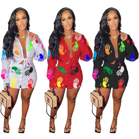 Women's casual printed shirt button skirt skirt suit two-piece suit M2105