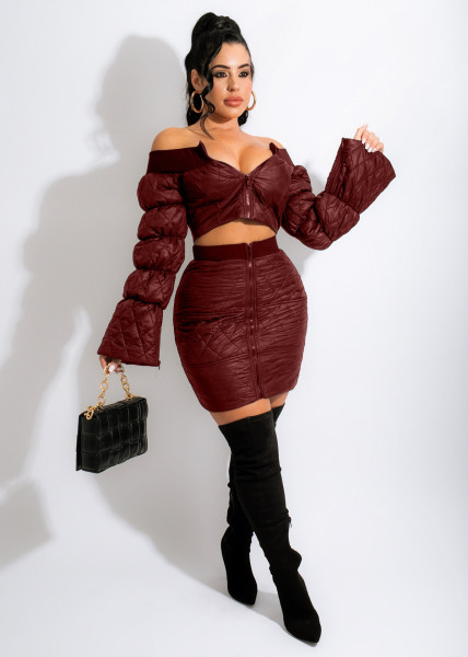 Fashionable European and American Lantern Sleeve One-Neck Short Skirt Set Two-piece Set XM7008