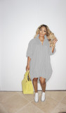 Fashionable V-neck loose big hem skirt single-breasted hem stretchable dress WY6838