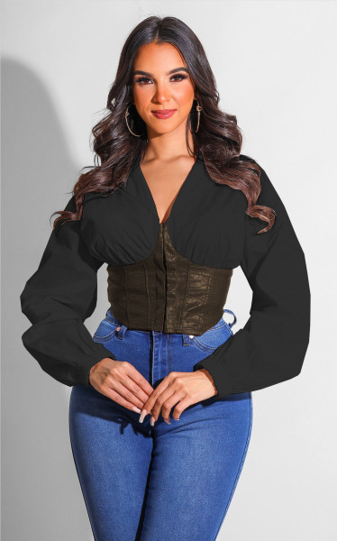 Fashion sexy shirt collar stitching PU leather with zipper cardigan WY6865