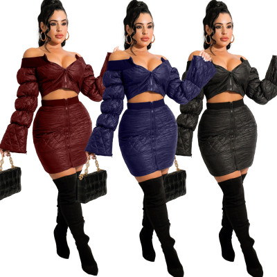 Fashionable European and American Lantern Sleeve One-Neck Short Skirt Set Two-piece Set XM7008