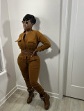 Fashionable solid color cardigan jacket with pockets waist pants suit suit WY6871