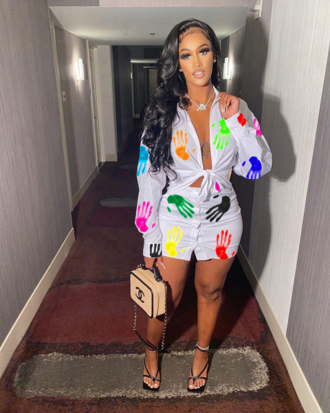 Women's casual printed shirt button skirt skirt suit two-piece suit M2105