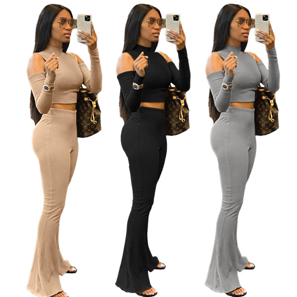 2021 ladies sexy solid color small stand-up collar off-the-shoulder slim flared pants two-piece suit JP1057