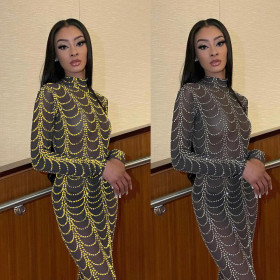 Hot Rhinestone See-through Slim Long Sleeve Dress Nightclub Dress VK2230