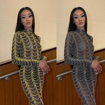 Hot Rhinestone See-through Slim Long Sleeve Dress Nightclub Dress VK2230