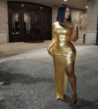 Sexy low-cut nightclub oblique shoulder one-sleeve dress, micro stretch C3023