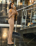 2021 ladies sexy solid color small stand-up collar off-the-shoulder slim flared pants two-piece suit JP1057