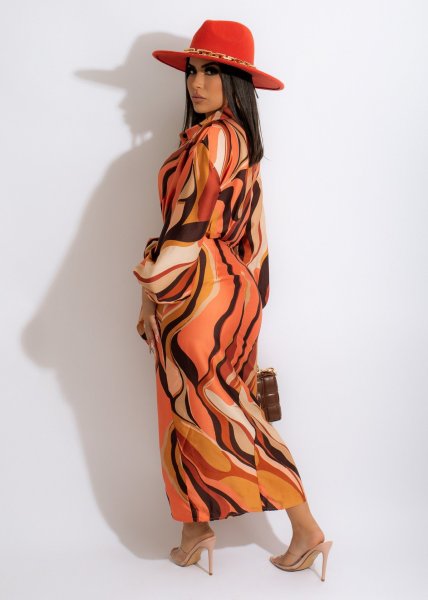 Sexy fashion printed waist tether autumn and winter lapel dress YZ1296
