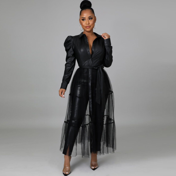 Sexy mesh stitching top pu two-piece nightclub clothes SS10089