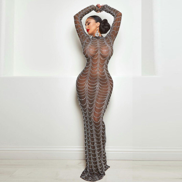 Hot Rhinestone See-through Slim Long Sleeve Dress Nightclub Dress VK2230