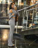 2021 ladies sexy solid color small stand-up collar off-the-shoulder slim flared pants two-piece suit JP1057