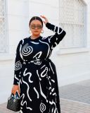 Black Printed Slim Long Sleeve Dress Nightclub Wear BS10065