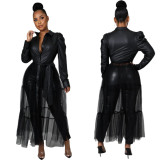 Sexy mesh stitching top pu two-piece nightclub clothes SS10089