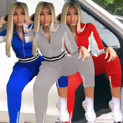 Women's solid color stitching trousers split zipper leisure two-piece suit NY8081