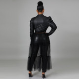 Sexy mesh stitching top pu two-piece nightclub clothes SS10089