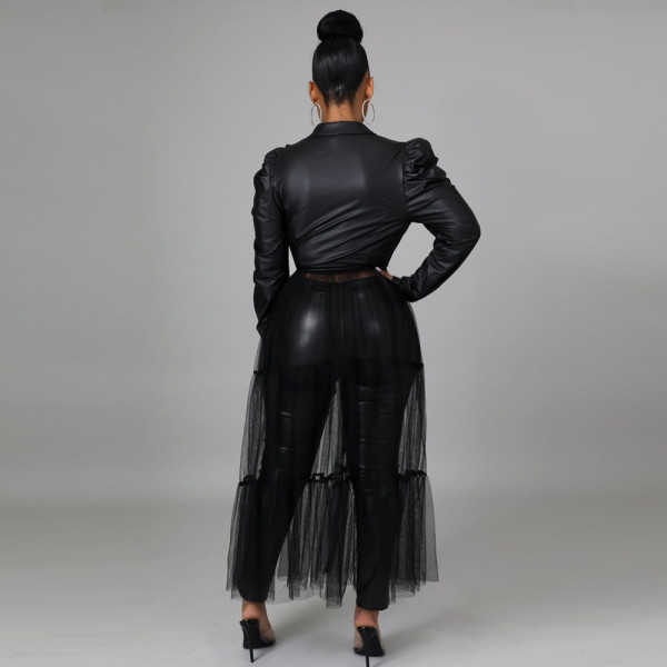 Sexy mesh stitching top pu two-piece nightclub clothes SS10089