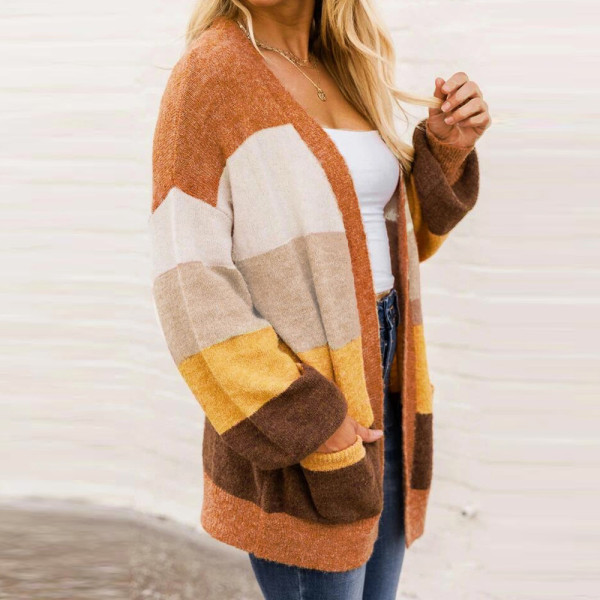 Fashion Striped Sweater Cardigan Color Block Jacket Top MY072