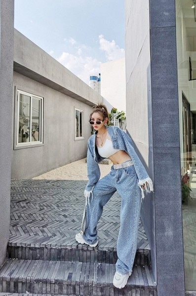 Autumn new style fringed long-sleeved high-waist short denim women's straight jeans fashion suit T629934004100