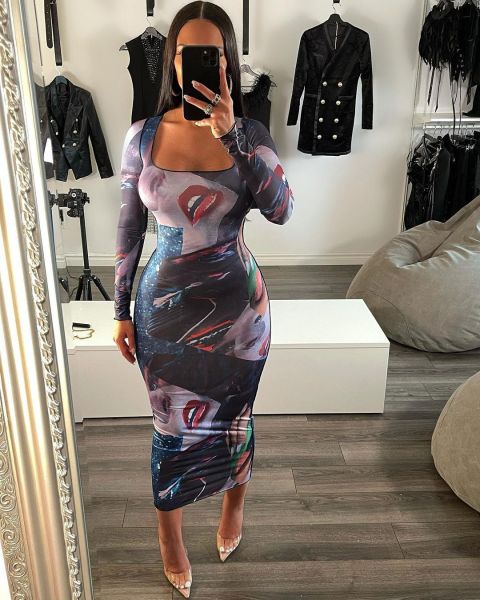 Sexy tight-fitting positioning printing long-sleeved dress long skirt L757