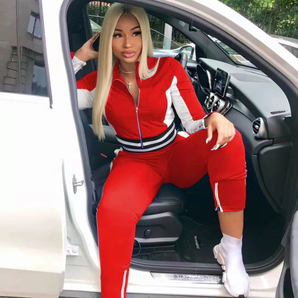 Women's solid color stitching trousers split zipper leisure two-piece suit NY8081
