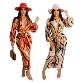 Sexy fashion printed waist tether autumn and winter lapel dress YZ1296