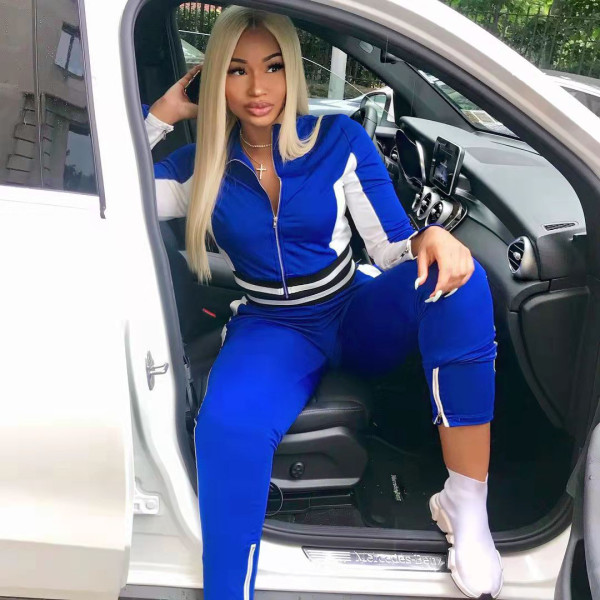 Women's solid color stitching trousers split zipper leisure two-piece suit NY8081