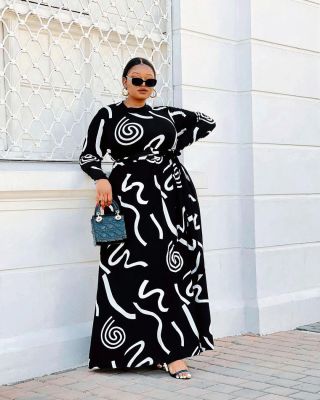 Black Printed Slim Long Sleeve Dress Nightclub Wear BS10065