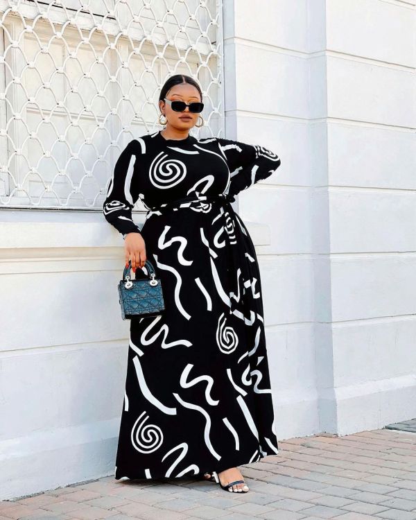 Black Printed Slim Long Sleeve Dress Nightclub Wear BS10065