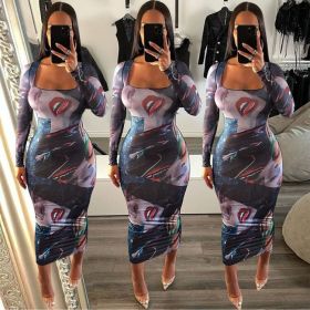Sexy tight-fitting positioning printing long-sleeved dress long skirt L757