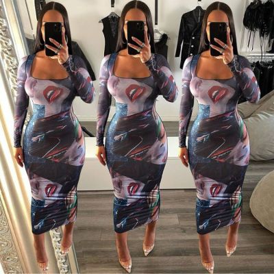 Sexy tight-fitting positioning printing long-sleeved dress long skirt L757