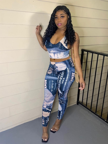 Women's spring and summer new casual suit hot sale vest dollar printed pants suit QS5046