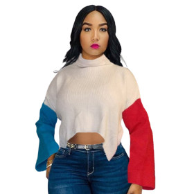 Multicolor stitching flared sleeve turtleneck sweater split top LM8292