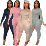 Women's hot style solid color casual twine pocket two-piece suit S178