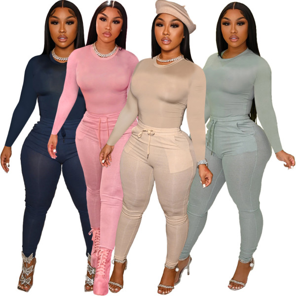 Women's hot style solid color casual twine pocket two-piece suit S178