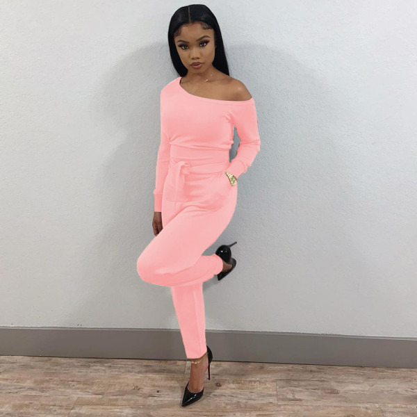 Women's fashion casual sexy solid color beveled neckline with belt hidden loose long-sleeved jumpsuit SM9218