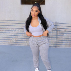 Women's fashion casual solid color plus fleece sweater pocket large size loose sports two-piece suit SM9217