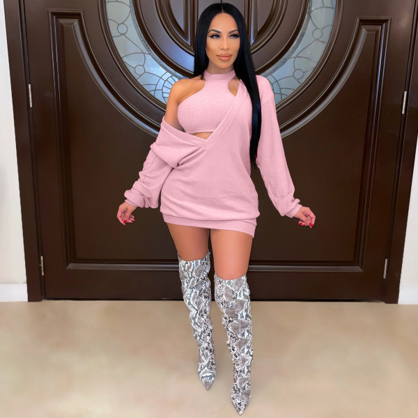 Women's big V-neck sweater dress + vest two-piece suit MN8390