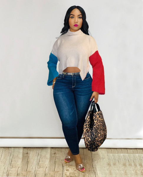 Multicolor stitching flared sleeve turtleneck sweater split top LM8292